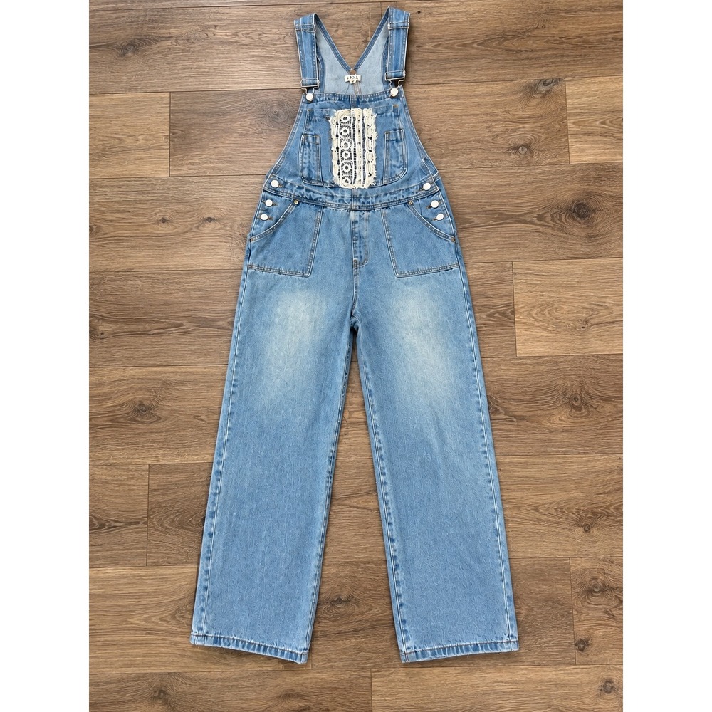 POL Light Wash Denim Overalls Size M Crochet Lace Wide Leg Boho